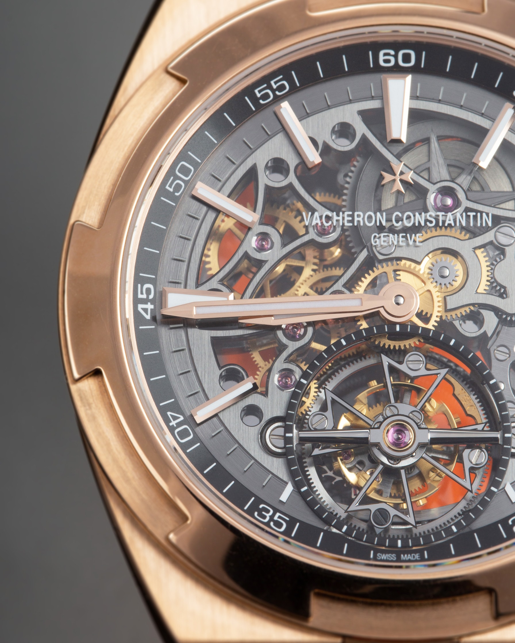 Vacheron Constantin Overseas tourbillon with an openworked dial, close-up